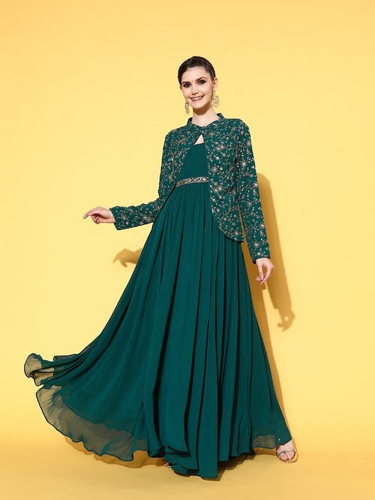 Women Gorgeous Green Georgette Elevated Gown - Inddus.com