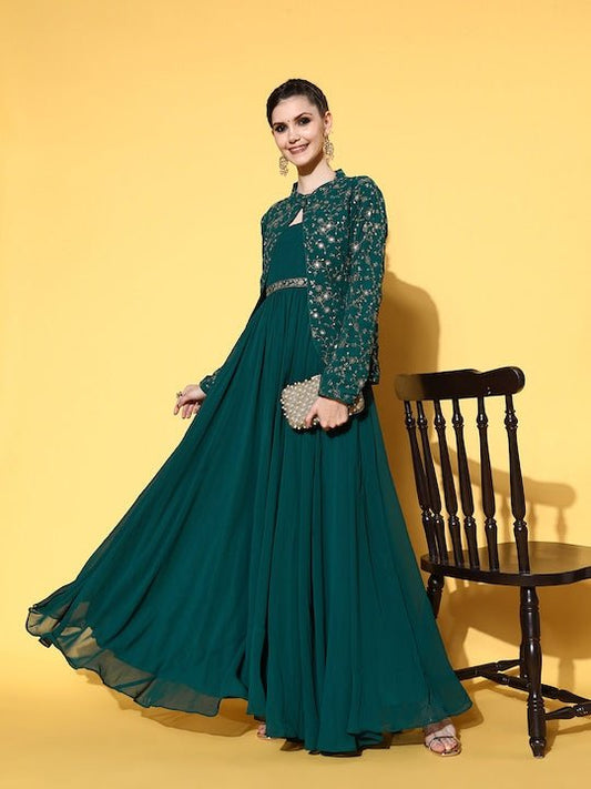 Women Gorgeous Green Georgette Elevated Gown - Inddus.com