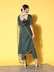 Women Green Embroidered Chanderi Cotton Kurta with Trousers & With Dupatta - Inddus.com