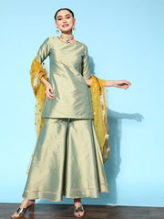 Women Green Embroidered Kurti with Sharara & With Dupatta - Inddus.com