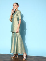 Women Green Embroidered Kurti with Sharara & With Dupatta - Inddus.com
