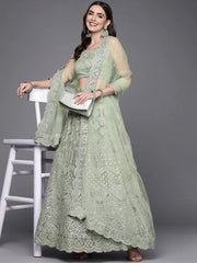 Women Green Embroidered Semi-Stitched Lehenga & Unstitched Blouse With Dupatta - Inddus.com