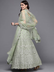 Women Green Embroidered Semi-Stitched Lehenga & Unstitched Blouse With Dupatta - Inddus.com
