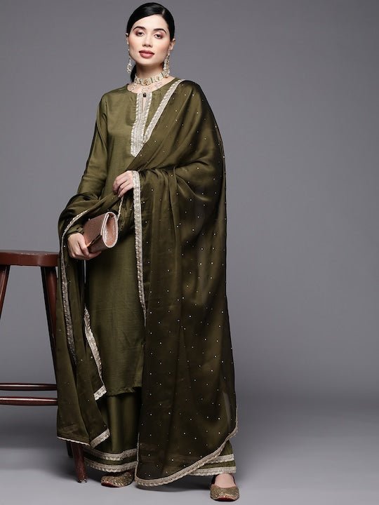 Women Green Embroidered Sequinned Kurta with Palazzos & With Dupatta - Inddus.com