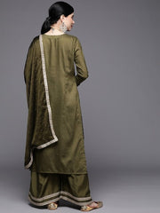 Women Green Embroidered Sequinned Kurta with Palazzos & With Dupatta - Inddus.com