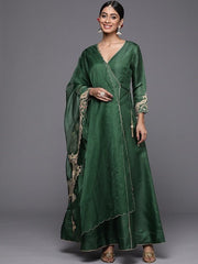Women Green Embroidered Thread Work Anarkali Kurta - Inddus.com