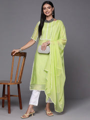Women Green Embroidered Thread Work Kurta and Trouser with Dupatta - Inddus.com