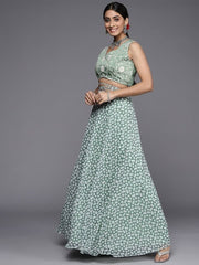 Women Green Embroidered Thread Work Top with Skirt - Inddus.com