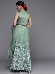 Women Green Embroidered Thread Work Top with Skirt - Inddus.com
