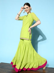 Women Green Ethnic Motifs Embroidered Thread Work Kurta with Sharara & Dupatta - Inddus.com