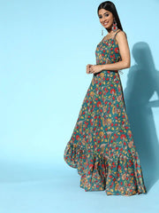 Women Green Ethnic Motifs Ethereal Embroidery Dress - Inddus.com