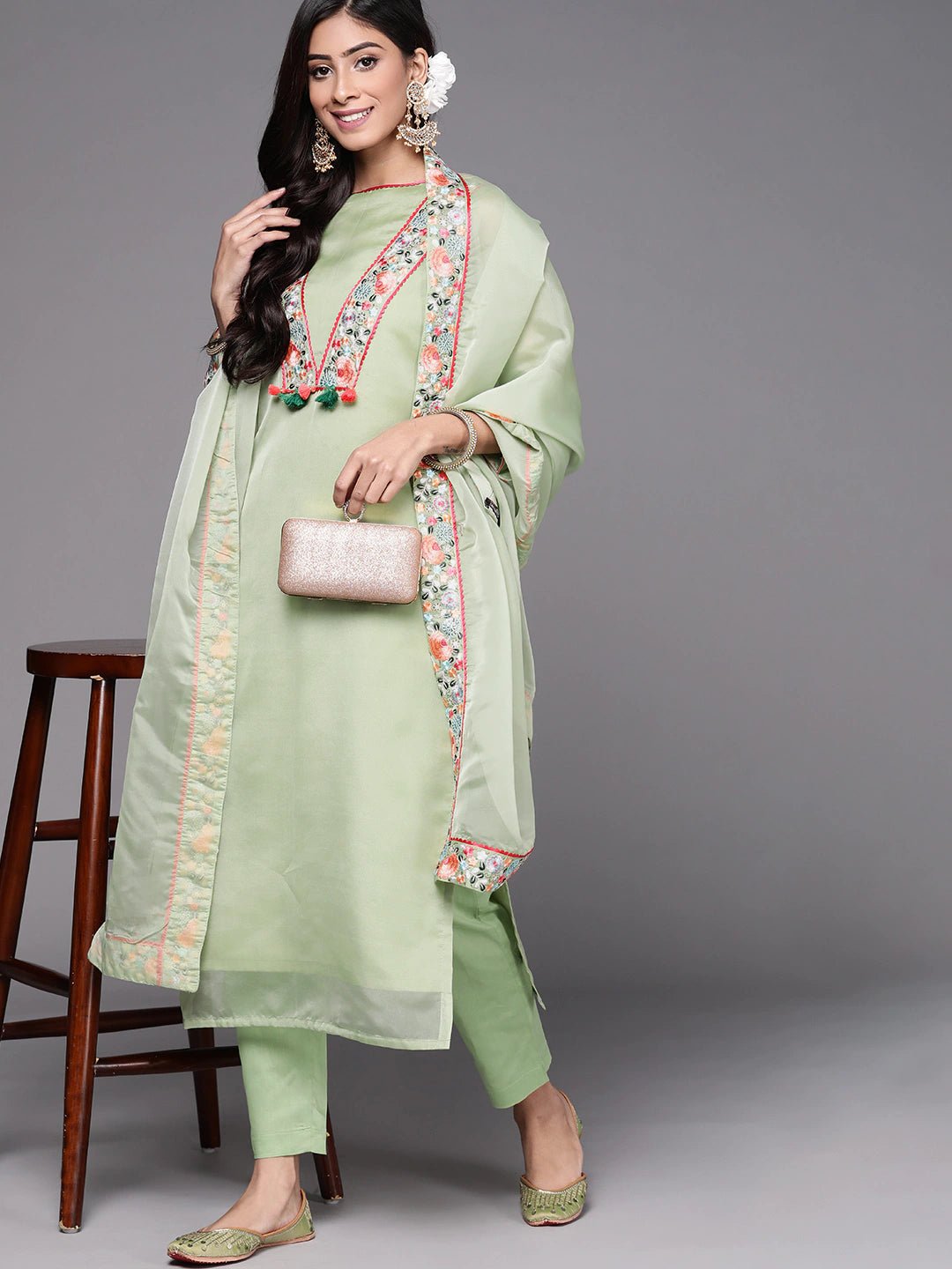 Women Green Floral Yoke Embroidered Kurta with Trousers & Dupatta - Inddus.com