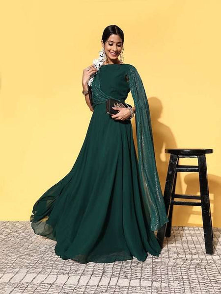 Women Green Georgette Volume Control Ethnic Dress