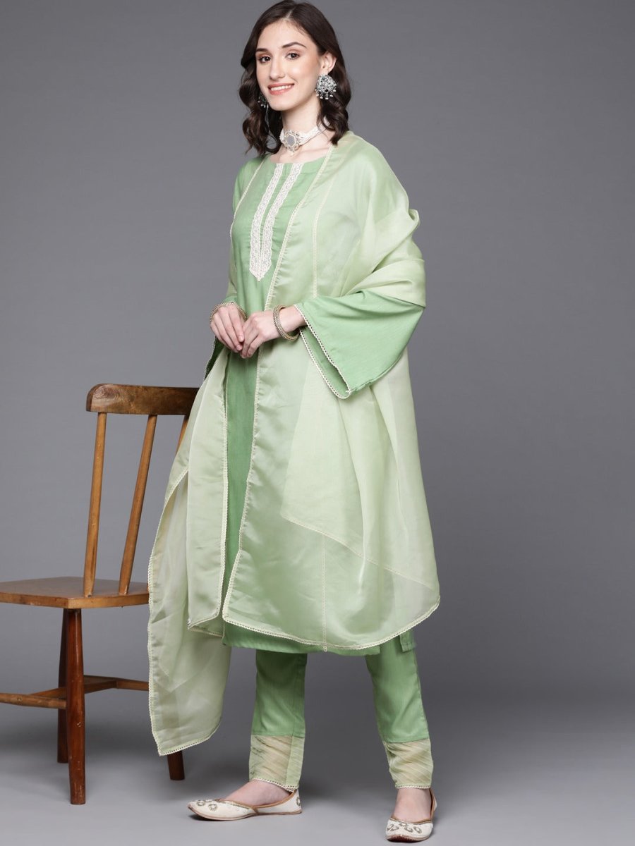 Women Green Kurta with Trousers & With Dupatta - Inddus.com