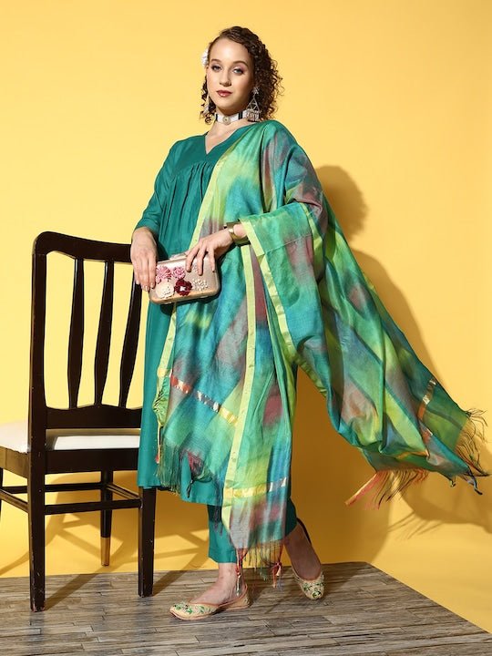 Women Green Kurta with Trousers & With Dupatta - Inddus.com