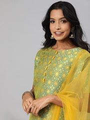 Women Green & Mustard Yellow Woven Straight Cut Suit - Inddus.com