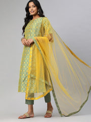 Women Green & Mustard Yellow Woven Straight Cut Suit - Inddus.com