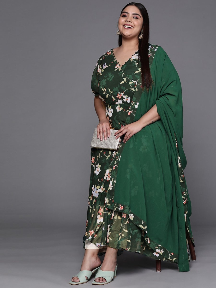 Women Green & Off White Floral Printed Angrakha Georgette Kurta With Dupatta - Inddus.com