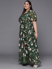 Women Green & Off White Floral Printed Angrakha Georgette Kurta With Dupatta - Inddus.com