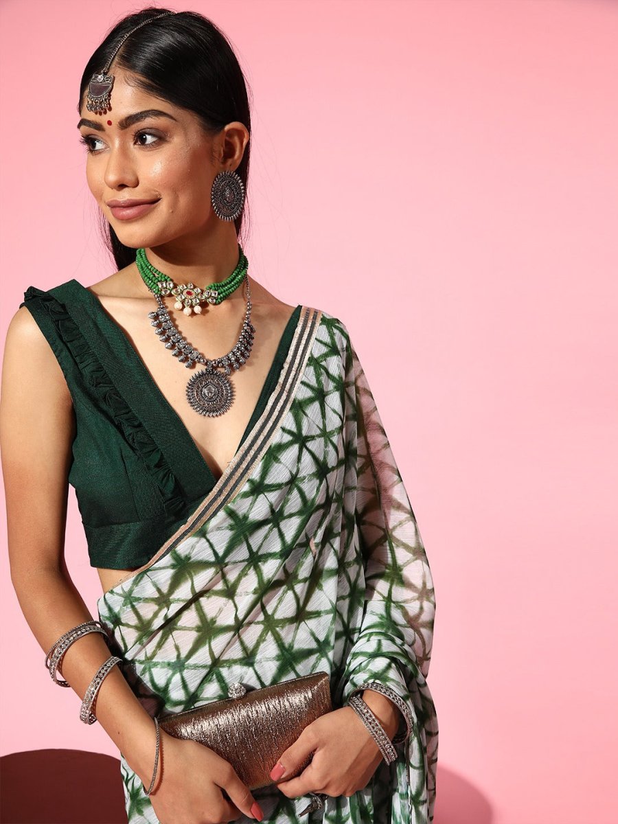 Women Green Printed Tie and Dye Saree - Inddus.com