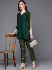 Women Green Sequinned Kurti with Trousers - Inddus.com