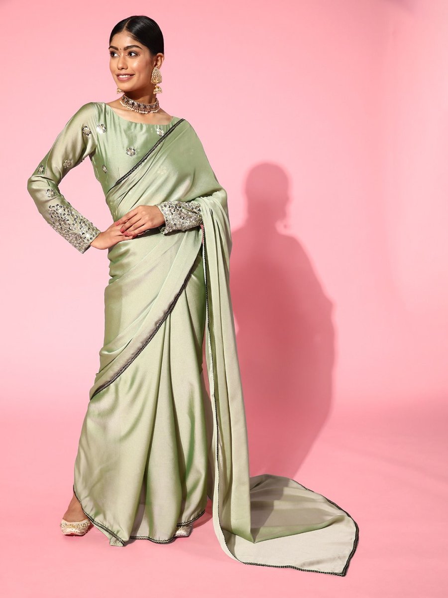 Women Green Solid Embroidered Festive Saree - Inddus.com