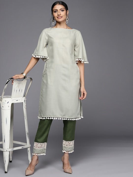 Women Green Solid Kurta with Trousers - Inddus.com