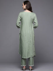 Women Green Striped Pleated Kurta with Trousers - Inddus.com