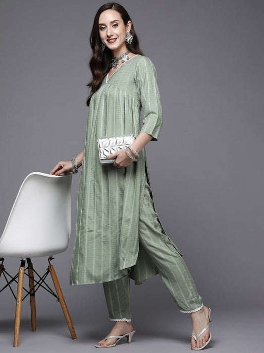 Women Green Striped Pleated Kurta with Trousers - Inddus.com