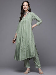 Women Green Striped Pleated Kurta with Trousers - Inddus.com