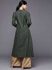 Women Green Striped Pure Cotton Kurta - Inddus.com