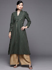 Women Green Striped Pure Cotton Kurta - Inddus.com