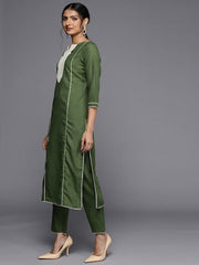 Women Green Striped Yoke Design Kurta with Trousers - Inddus.com