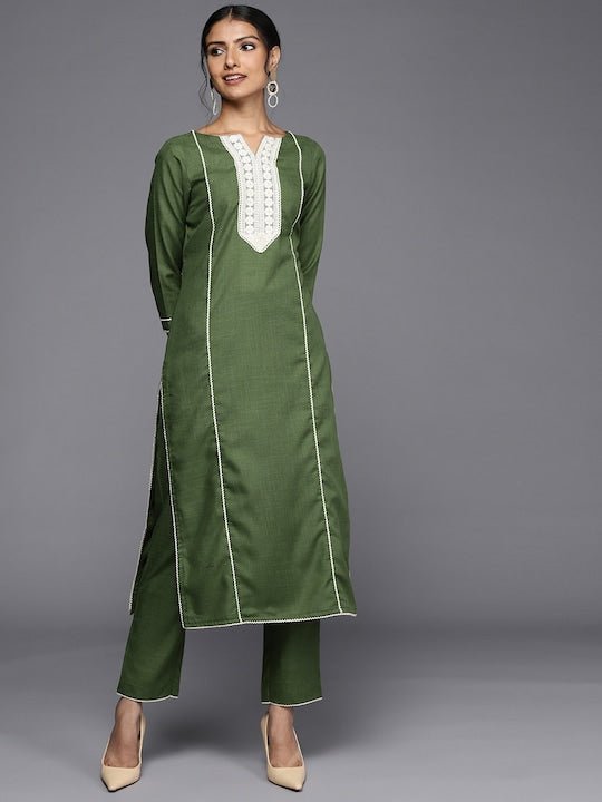 Women Green Striped Yoke Design Kurta with Trousers - Inddus.com