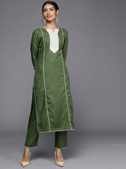 Women Green Striped Yoke Design Kurta with Trousers - Inddus.com