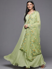 Women Green Thread Work Georgette Anarkali Kurta - Inddus.com