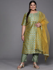 Women Green Woven Design Kurta with Trousers & With Dupatta - Inddus.com