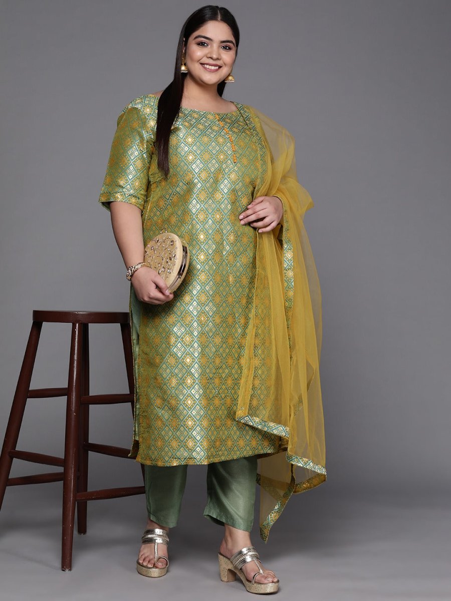 Women Green Woven Design Kurta with Trousers & With Dupatta - Inddus.com