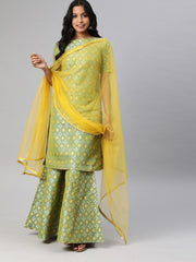 Women Green & Yellow Woven Sharara Suit - Inddus.com