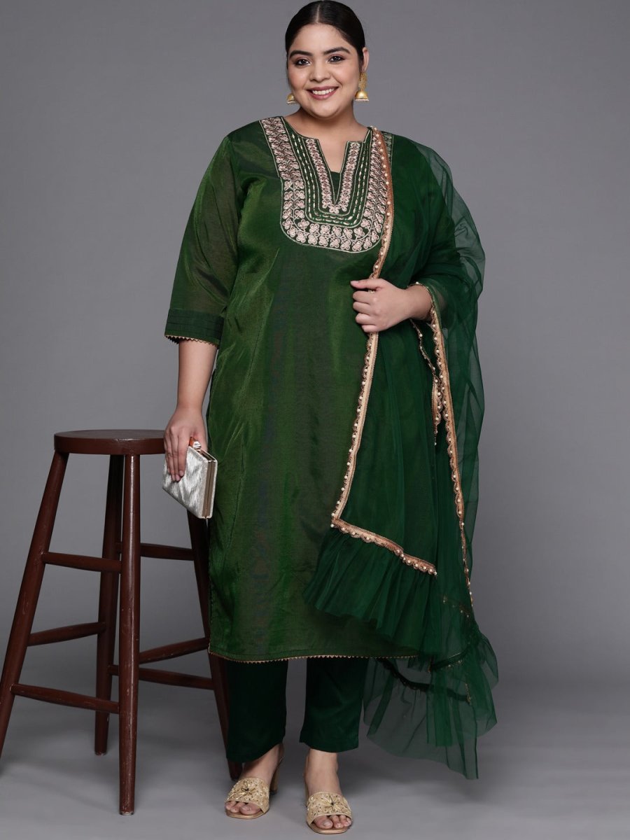 Women Green Yoke Design Chanderi Cotton Kurta with Trousers & With Dupatta - Inddus.com