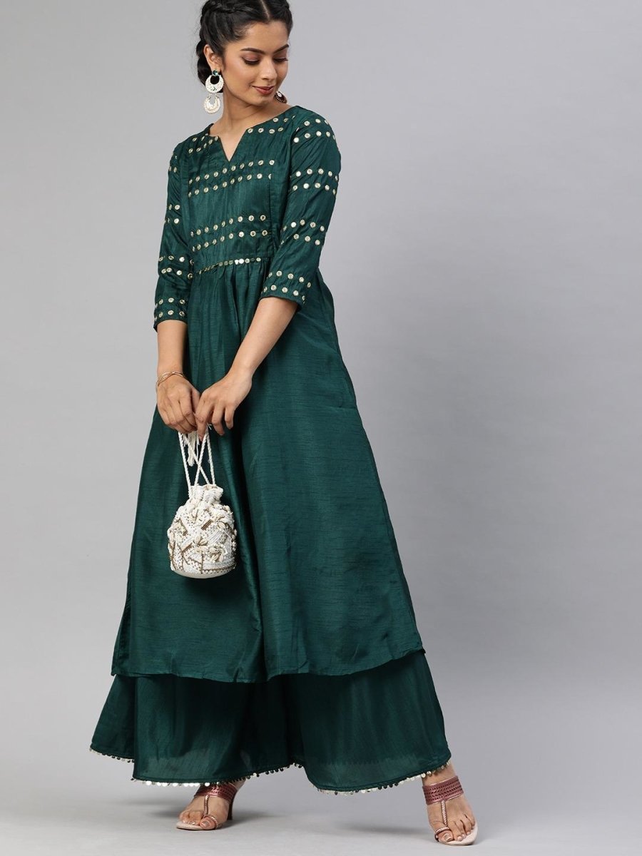 Women Green Yoke Design Embroidered Palazzo Suit - Inddus.com