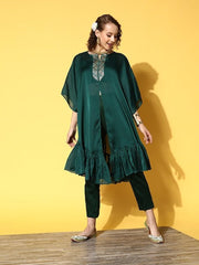 Women Green Yoke Design High Slit Sequinned Kurta with Trousers - Inddus.com