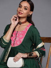 Women Green Yoke Design Pleated Sequinned Kurta with Trousers & With Dupatta - Inddus.com