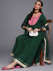 Women Green Yoke Design Pleated Sequinned Kurta with Trousers & With Dupatta - Inddus.com
