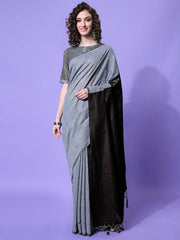Women Grey & Black Colourblocked Sarees - Inddus.com