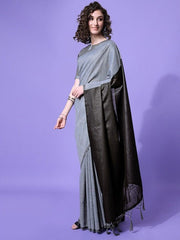 Women Grey & Black Colourblocked Sarees - Inddus.com