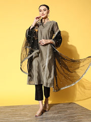 Women Grey Embroidered Chanderi Cotton Kurta with Trousers & With Dupatta - Inddus.com