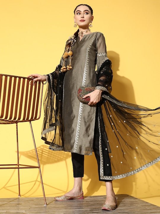Women Grey Embroidered Chanderi Cotton Kurta with Trousers & With Dupatta - Inddus.com