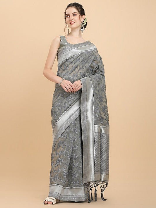 Women Grey Floral Woven Design Saree with Blouse Piece - Inddus.com