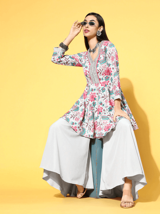 Women Grey & Pink Ethnic Printed Kurta with Palazzos - Inddus.com